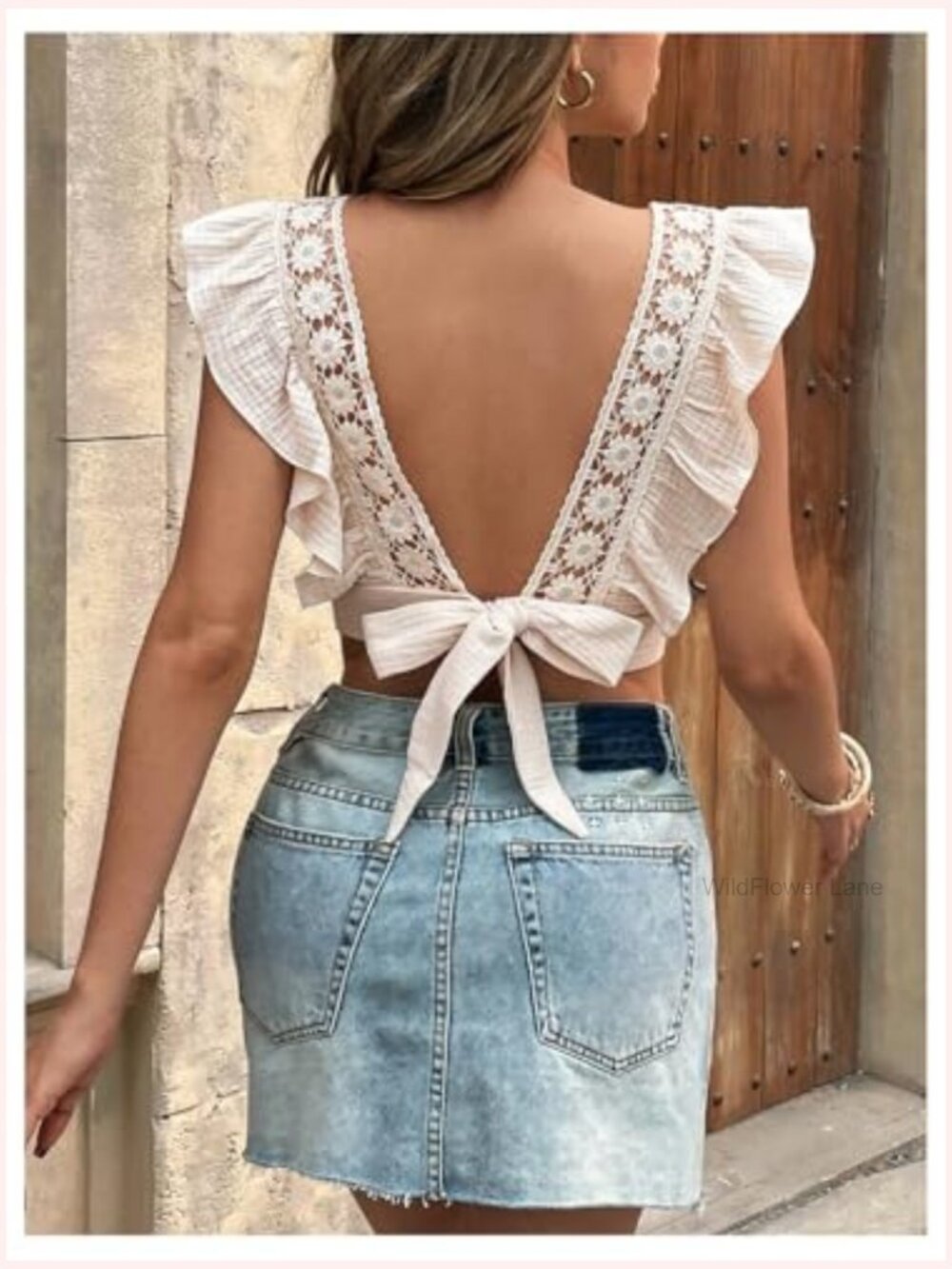 Ruffle Trim Floral Embroidery Crop Top Tie Back Blouse - Picture 2 of 5